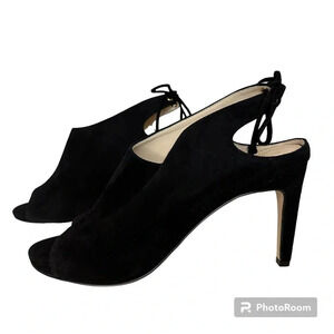 Cole Haan Emmett Bootie Black Suede Tie Ankle Open Toe Heel Size 9.5 B